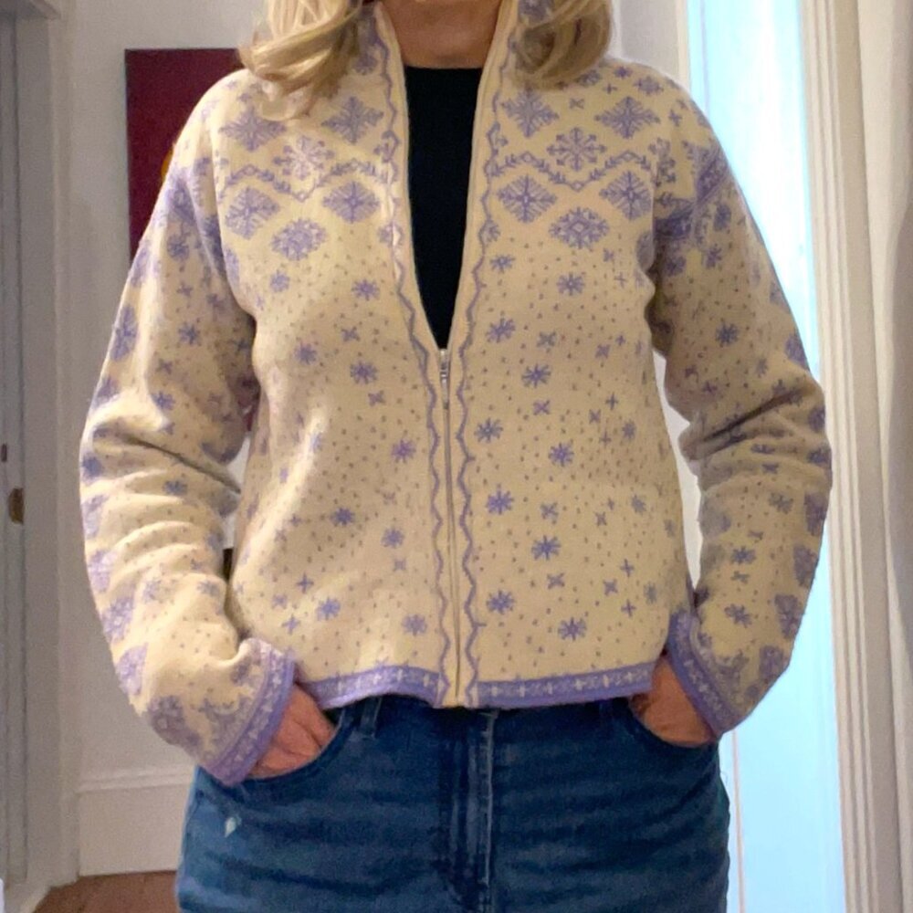 Obermeyer 100% Wool Cardigan Sweater M Full Zip Snowflake Cream - Picture 9 of 9